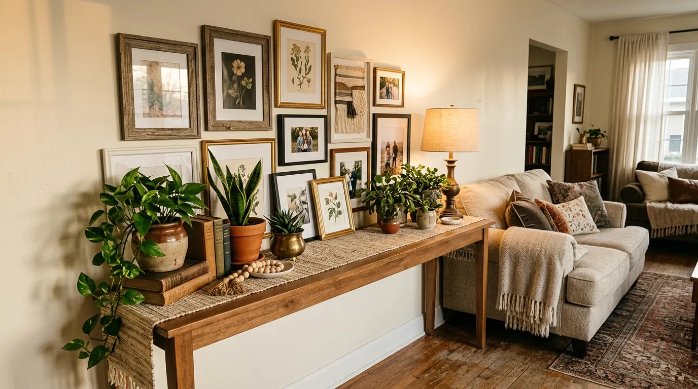 Keep styling low when the sofa back is high